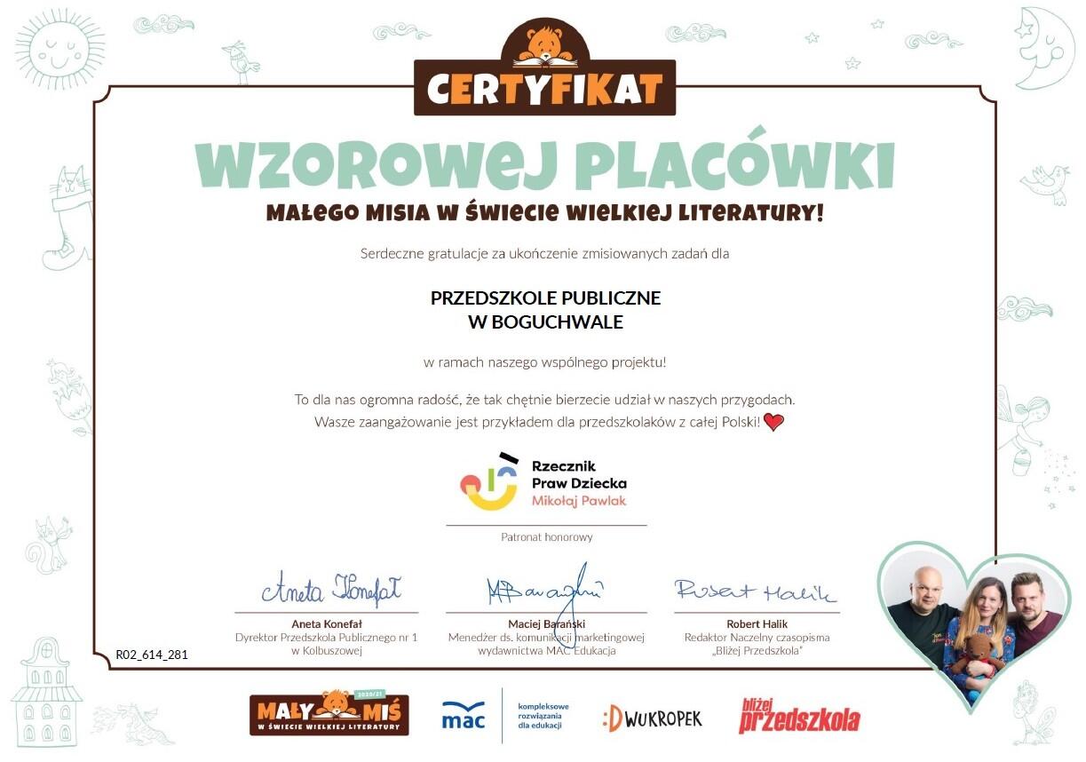 CERTYFIKAT WZOROWEJ PLACÓWKI MAŁEGO MISIA W ŚWIECIE WIELKIEJ LITERATURY