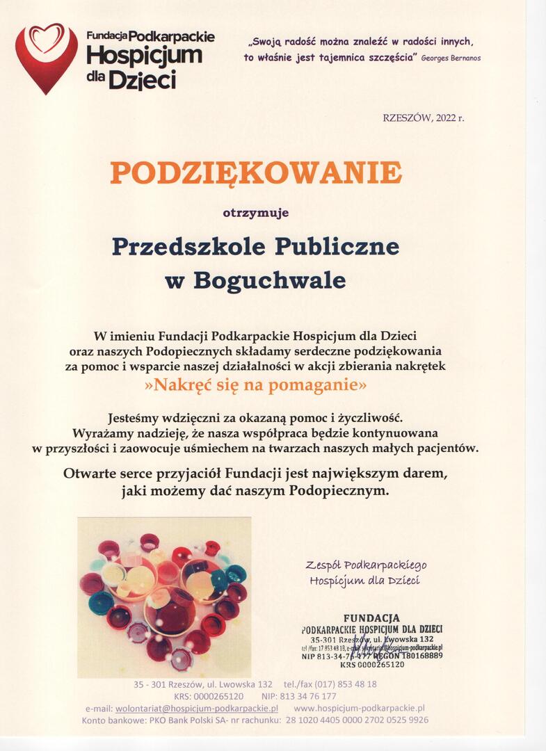 Podziękowanie od Podkarpackiego Hospicjum dla dzieci